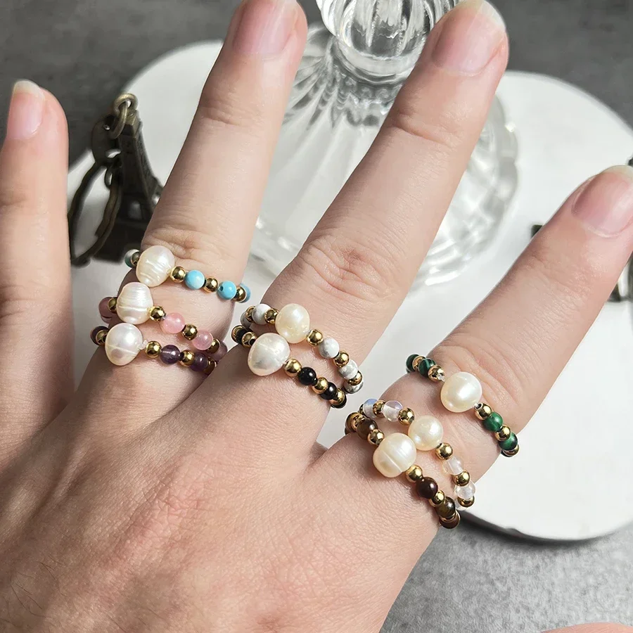 New Natural Stone Freshwater Pearl Ring Wedding Jewelry Handmade Gift Heart Shaped Flower Ladies Ring Stainless Steel Beads
