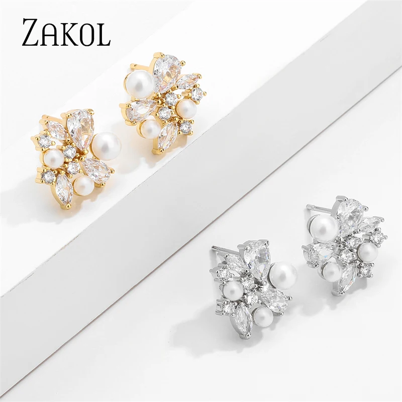 ZAKOL Korean Flower Shape Imitation Pearl Stud Earrings for Women Fashion Geometry White Zircon Earring Wedding Jewelry