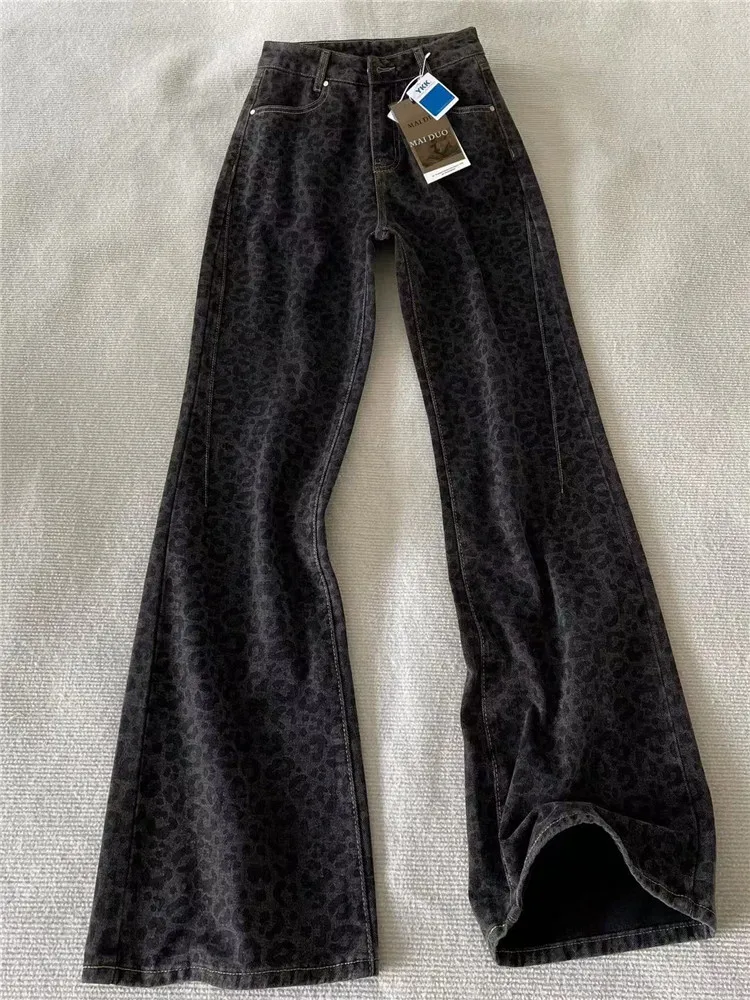 

American Vibe Extended Length Leopard Print Straight Leg Jeans Women's Autumn Winter Loose Slimming Floor Length Wide Leg Pants