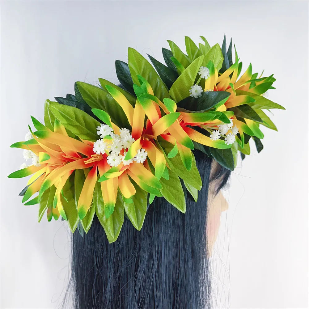 Flower Haku Headband Leis Silk Expandable Maile Leaf Crown With Spider Lilies and Baby\'s Breath Hawaiian Tahitian Head Crown Lei