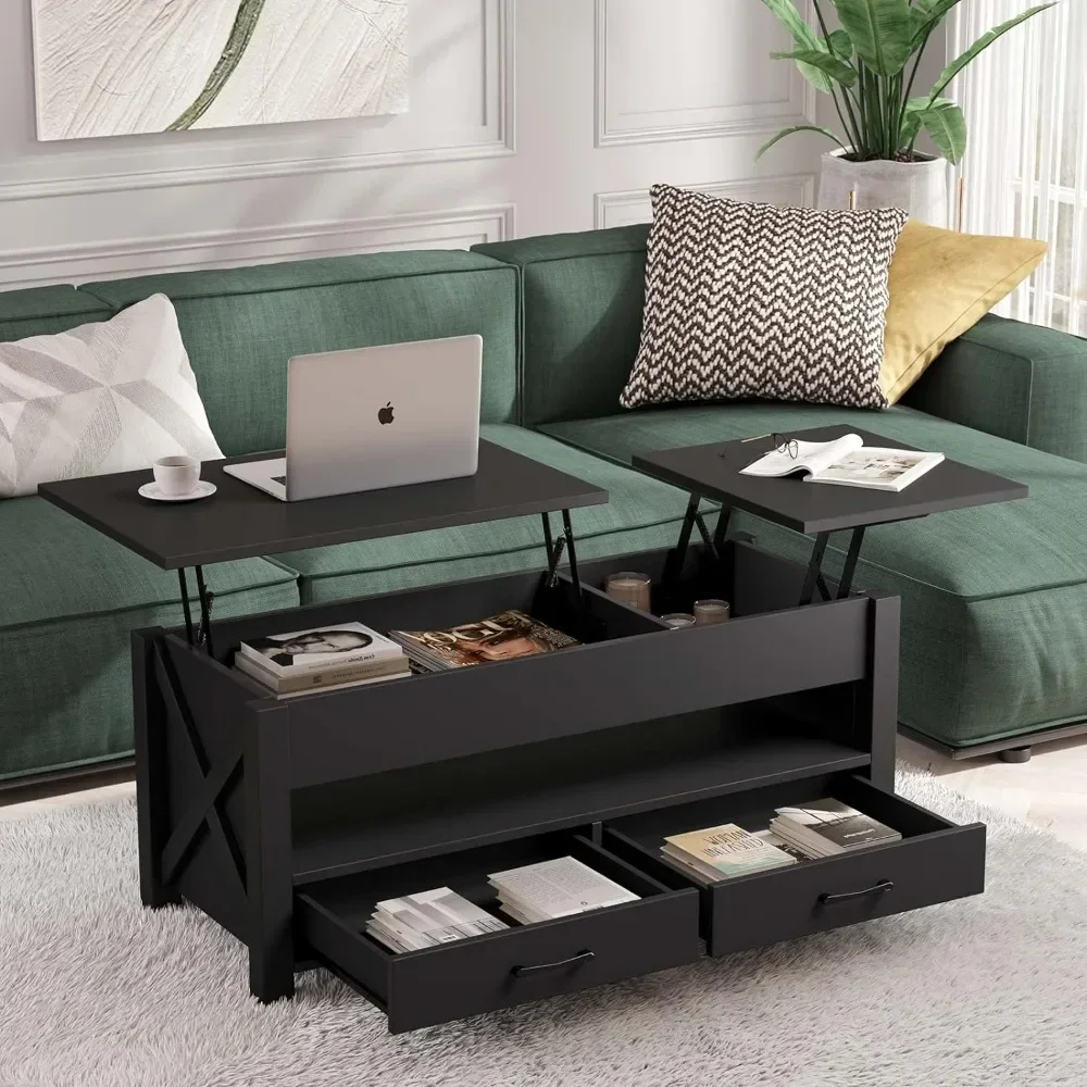 47.2“Lift Top Coffee Table With 2 Storage Drawers and Hidden Compartment Retro Center Table With Lift Tabletop for Living Room