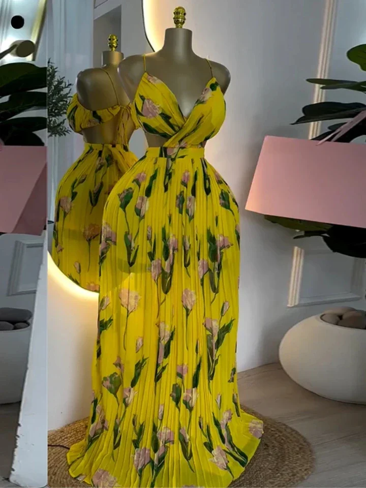 

Elegant Floral Print Sleeveless Sweet Strapless Floor-Length Long Women Dress Beach Party Birthday Sexy Pleated Dresses