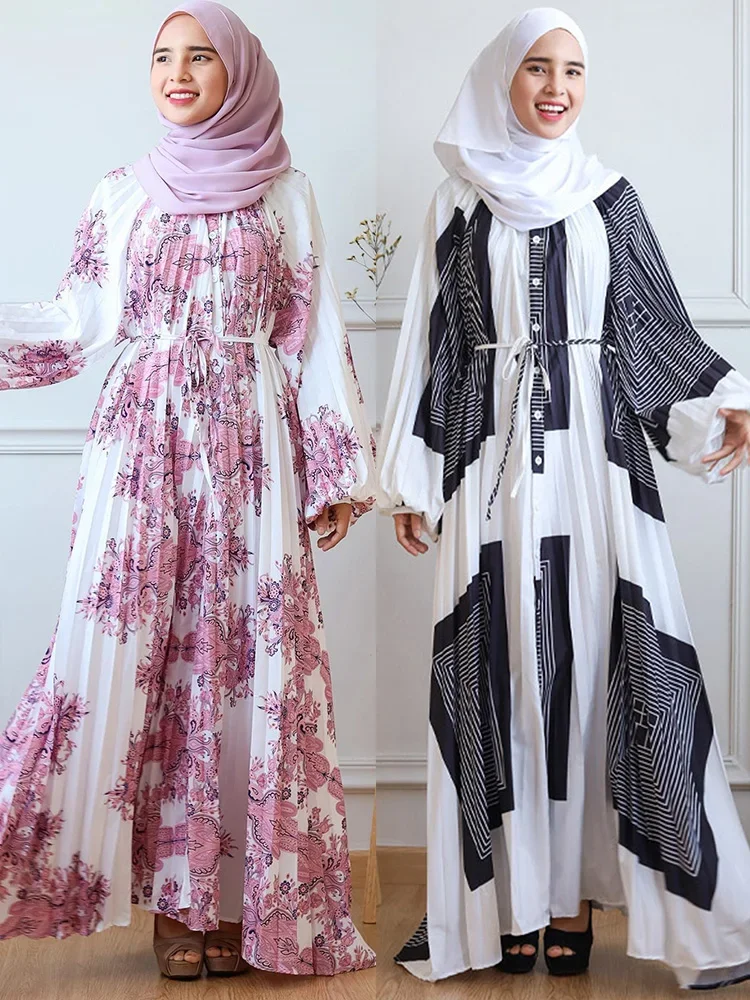 Eid Jalabiya Muslim Party Dress for Women Lantern Sleeved Printed Pleated Long Dresses Turkey Robe Casual Abayas Islamic 2024