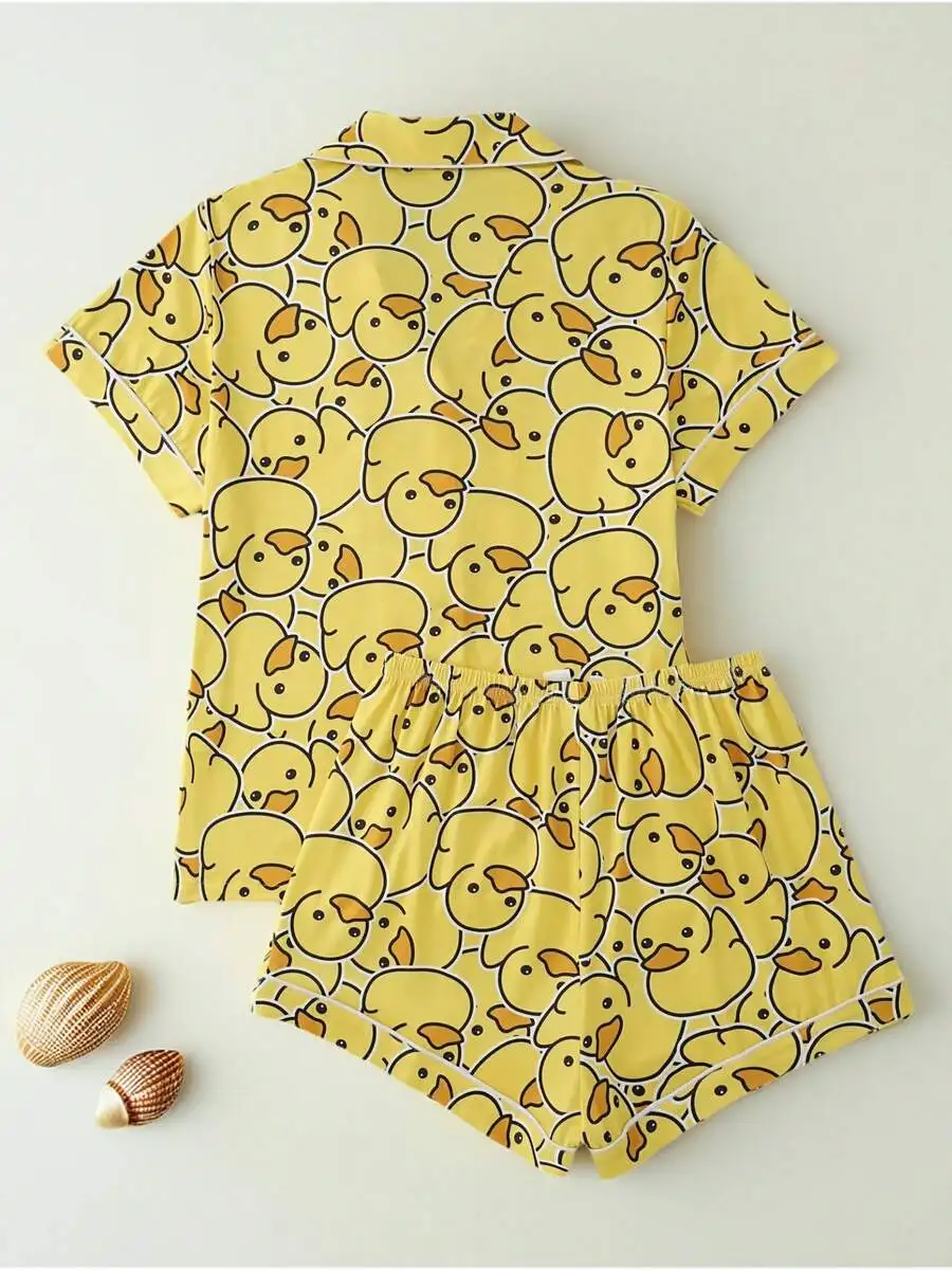 

Women Short Sleeve Button Collar Pajama Set With Yellow Duck Print Comfortable Loose Homewear