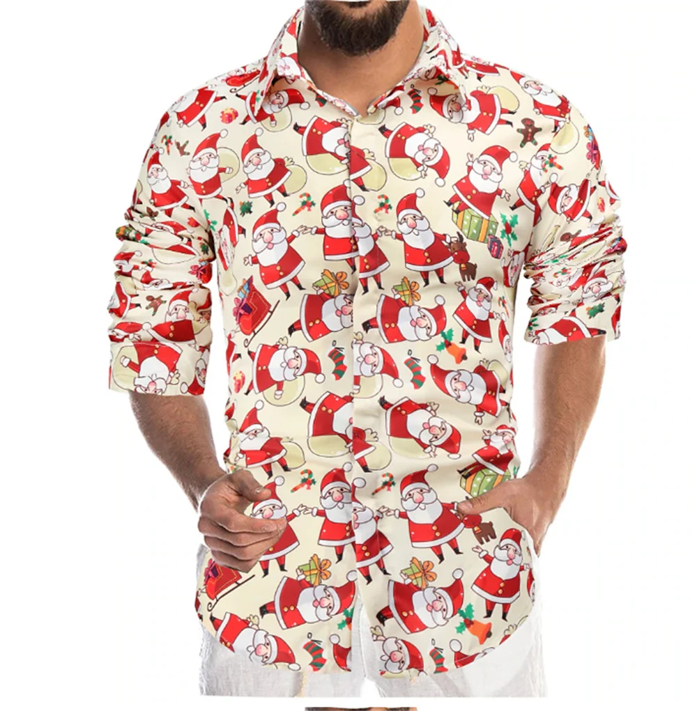 

2026 Men's Full Print Santa Claus Shirt Casual Long Sleeve Holiday Top New Design