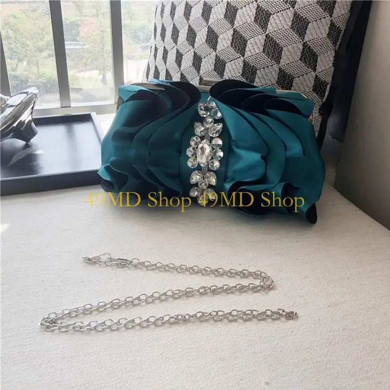 

49MD Pleated Silk Evening Bag Chain Handbag Crystal Crossbody Bags Prom Purse