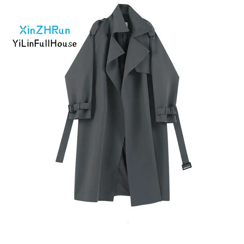 Autumn Women\'s Fashionable Stand Up Collar Belt Shoulder Badge Medium Length Windbreaker Casual Loose Versatile Open Front Coat