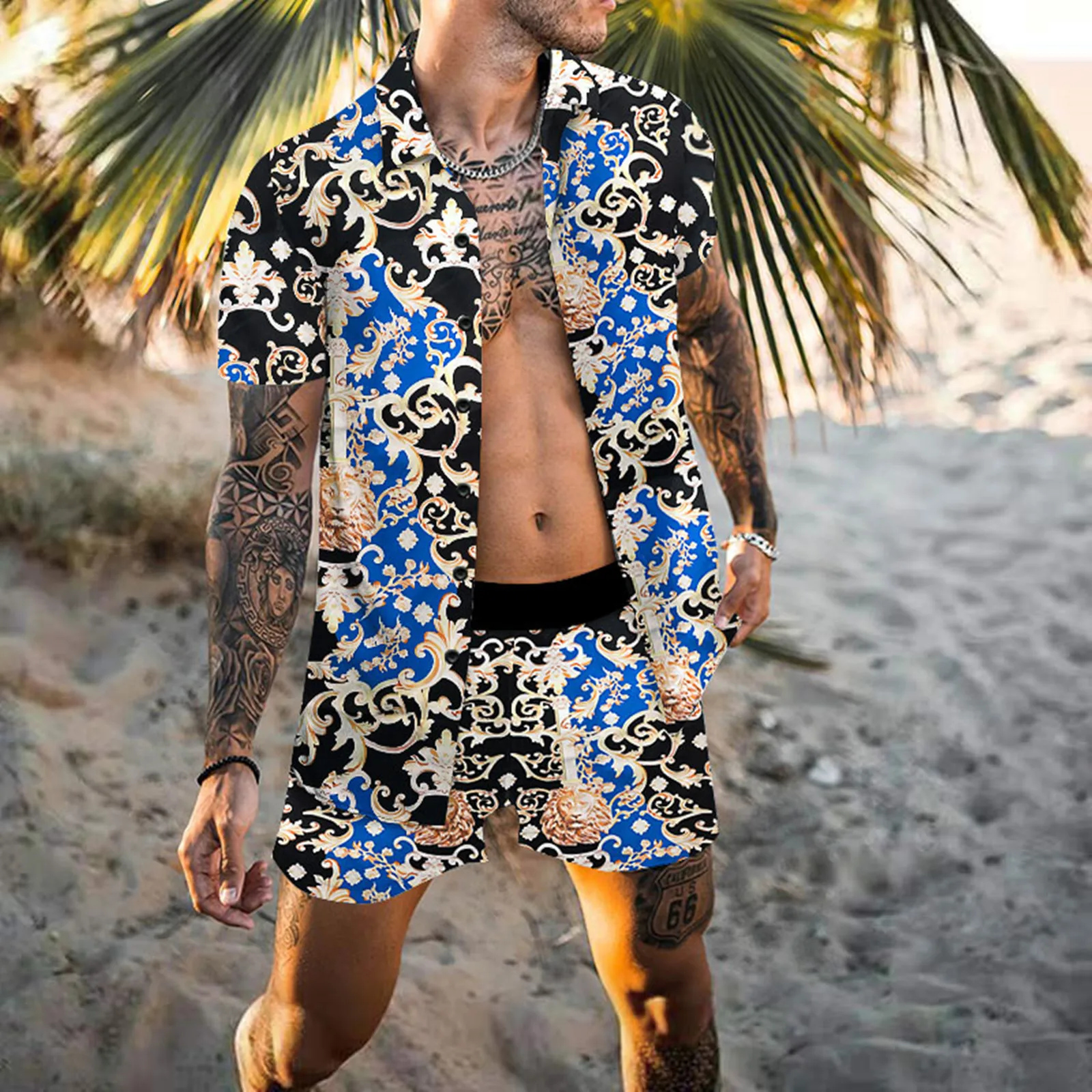 Summer Vintage Men\'s Shirt Set Short sleeve Shirt Shorts Casual Travel Print Beach Men\'s Hawaiian 2-piece suit S-3XL