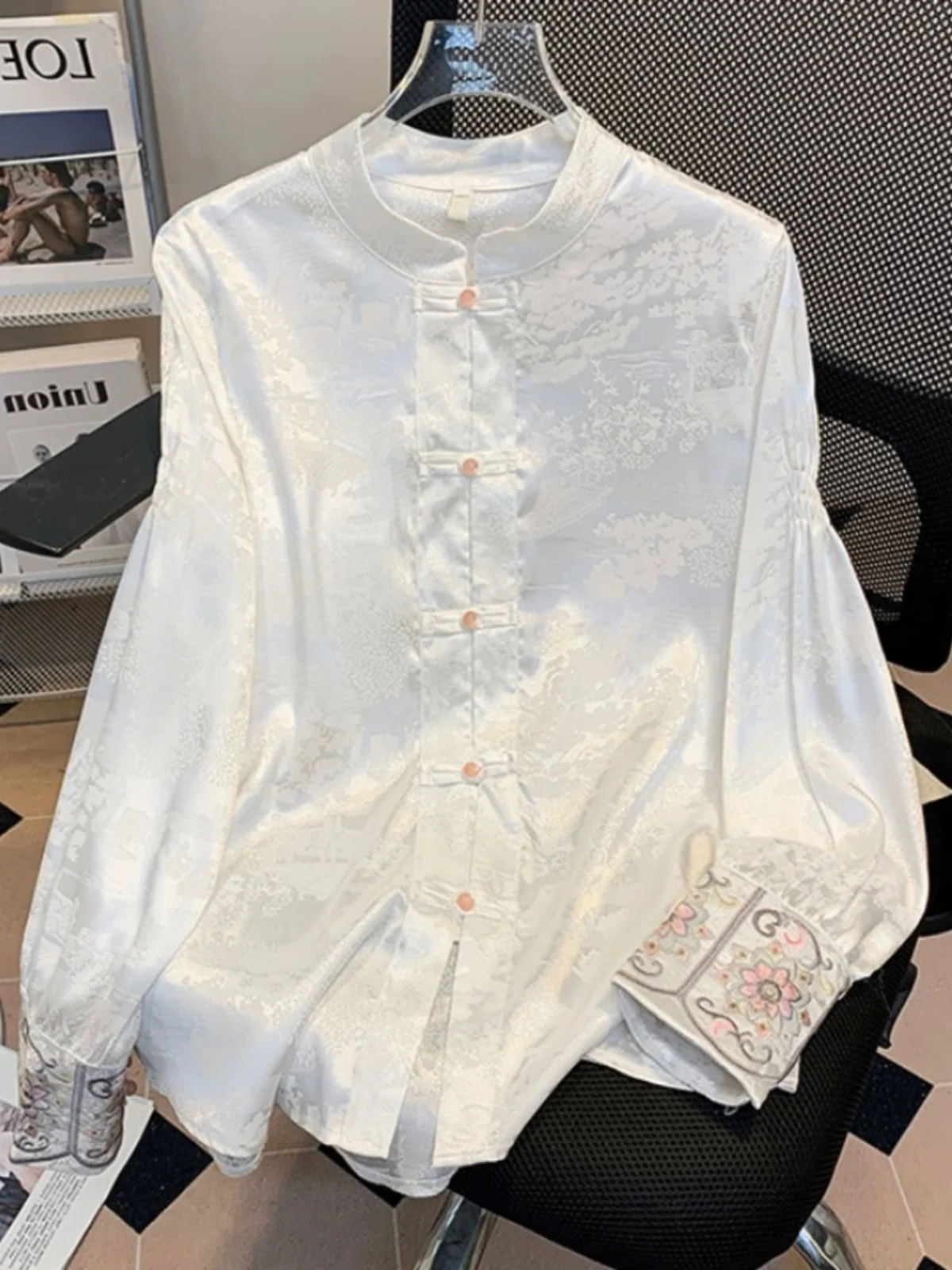 

Ele Chinese Sle с вышивкой irt Long Sve воротник-стойка универсальный базовый слой верх на пуговицах винтажный свободный крой