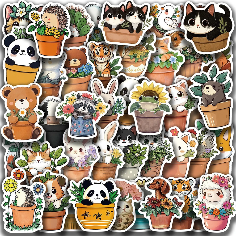 

10/30/50pcs Cartoon Flower Pot Animal Stickers Funny Decals Toy DIY Suitcase Scrapbook Laptop Guitar Waterproof Graffiti Sticker