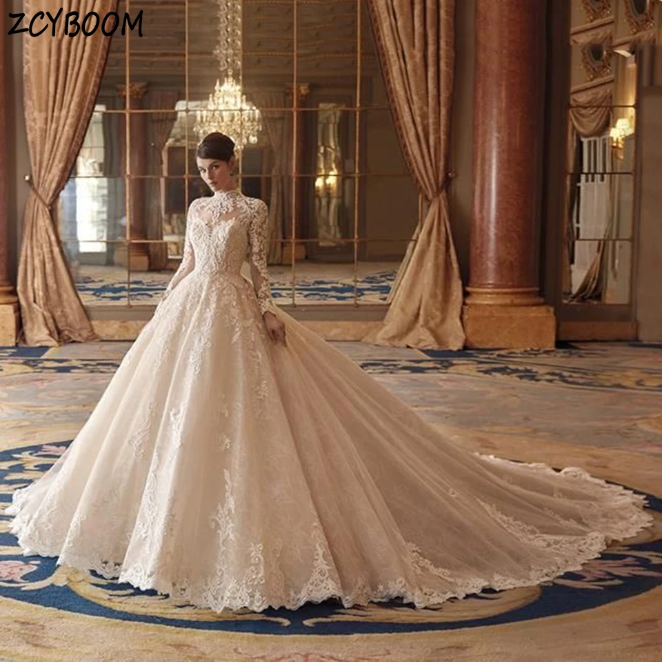 

Muslim Luxury White High-Neck Appliques Long Sleeves Wedding Dress 2024 Arabic Ball Gown Floor Length Sweep Train Bridal Gown