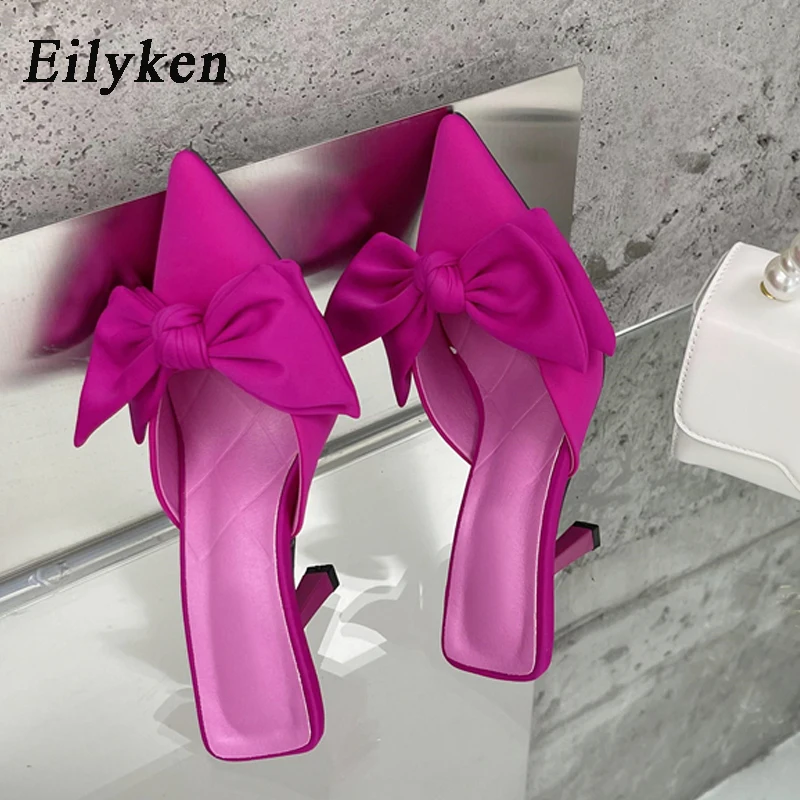 Eilyken New Style Butterfly-knot Mules Women Slippers Elegant Pointed Toe Thin High Heels Ladies Summer Fashion Party Prom Shoe