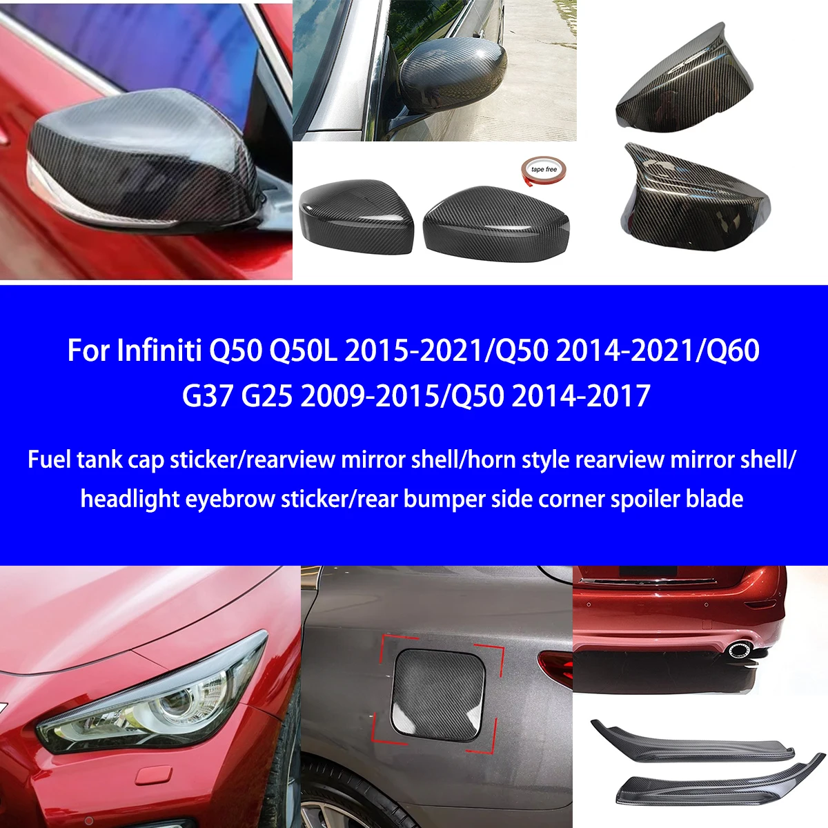 

For Infiniti Q50/Q50L/Q60G37G25 Dry Carbon Fiber Fuel Tank Cap/headlight Arch/rear Bumper Side Corner/rearview Mirror Decoration