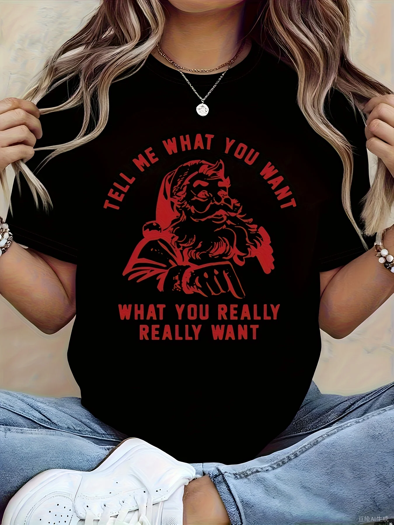 تي شيرت نسائي كلاسيكي مطبوع عليه سانتا كلوز مع شعار "أخبرني ما تريده" - بلوزة بأكمام قصيرة لعيد الميلاد باللونين الأبيض والأحمر