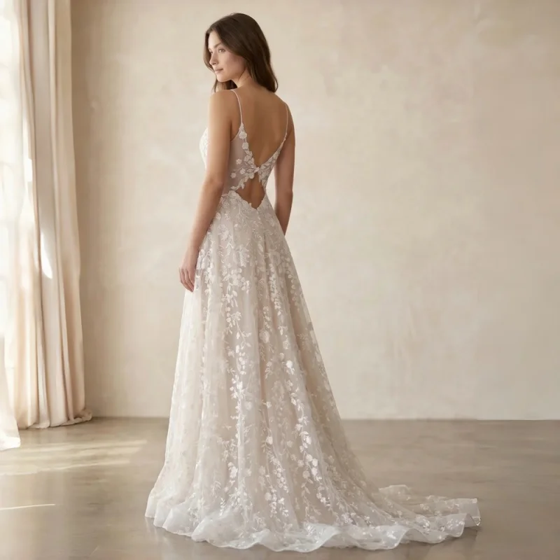Allover Floral Lace Boho Wedding Dresses Exquisite A Line V Neck Appliques With Crisscross Open Back Evening Gowns Customiz