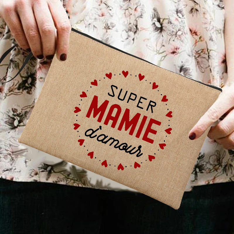 

Supur Mamie Printed Cosmetic Bag Women Neceser Makeup Bags Linen Zipper Pouches Travel Toiletry Organizer Gifts for Grandmother