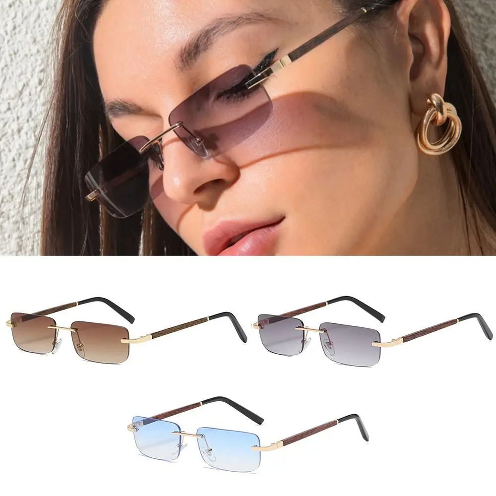 Fashion Rimless Wood Grain Leg Sunglasses Gradient Lens UV400 Protection Shades Literary Sun Glasses for Women