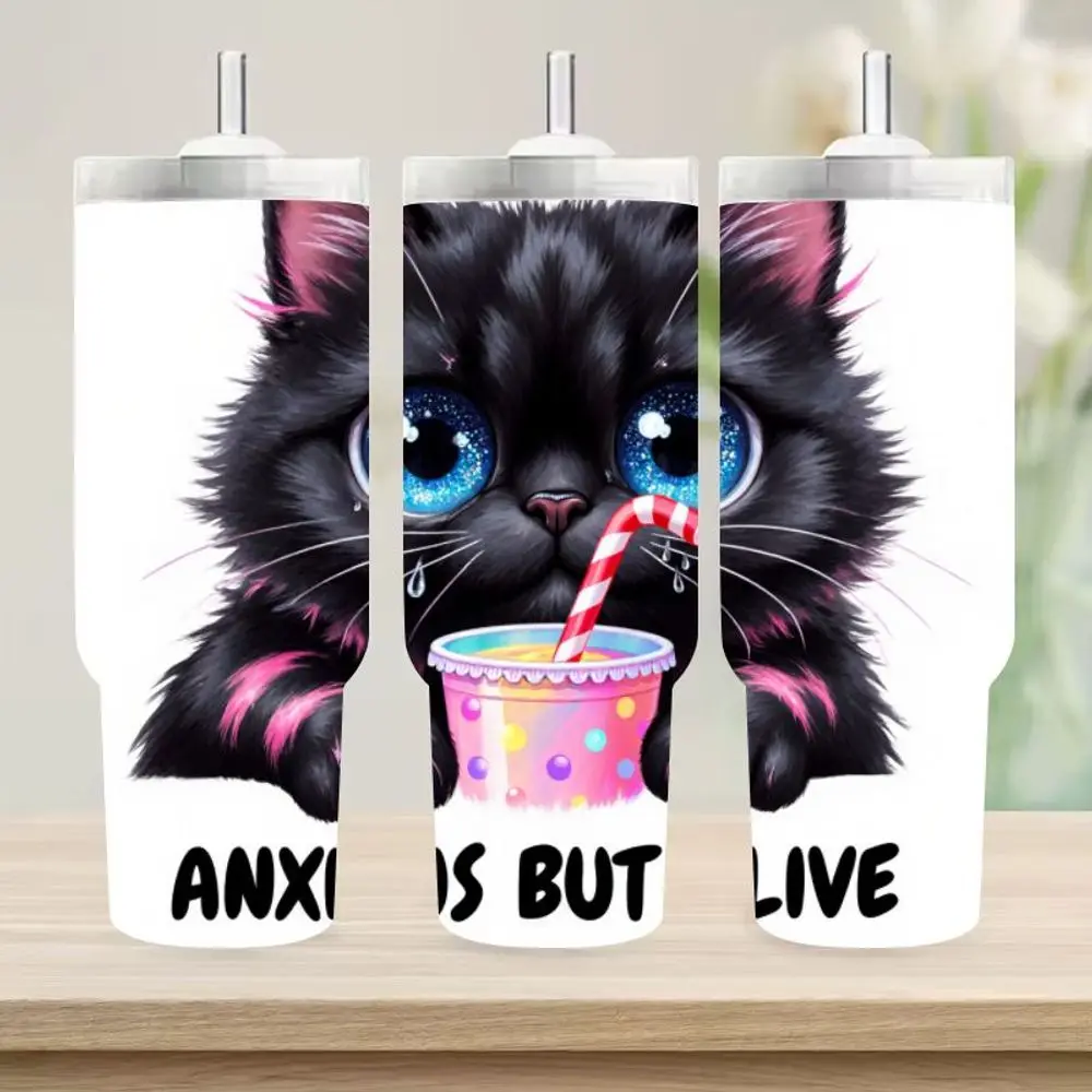 

Кружка с милым черным пушистым котенком и розовым акцентом на 40 унций, автомобильная дорожная кружка с двойными стенками, с розовой чашкой, Anxious But Alive Design, O