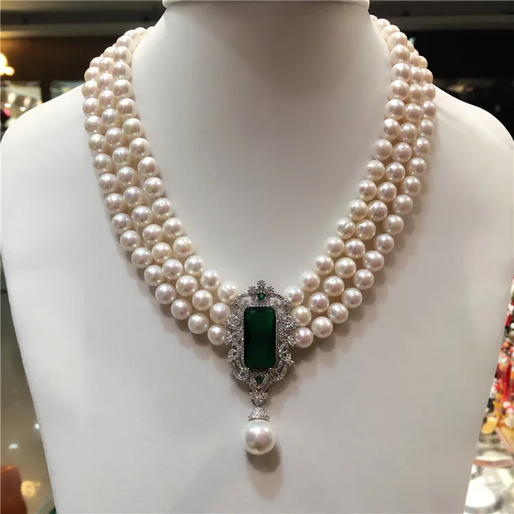 Hot sell new 8-9mm natural white freshwater pearl multi-layer necklace zircon accessories fashion jewelry