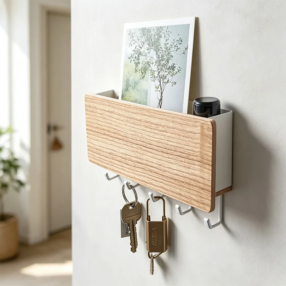 Entryway Wall Organizer Wooden Rectangle Key Rack Multi-Purpose Clothes Hanging Hooks Decorative Wall Key Holder Home Wall Decor