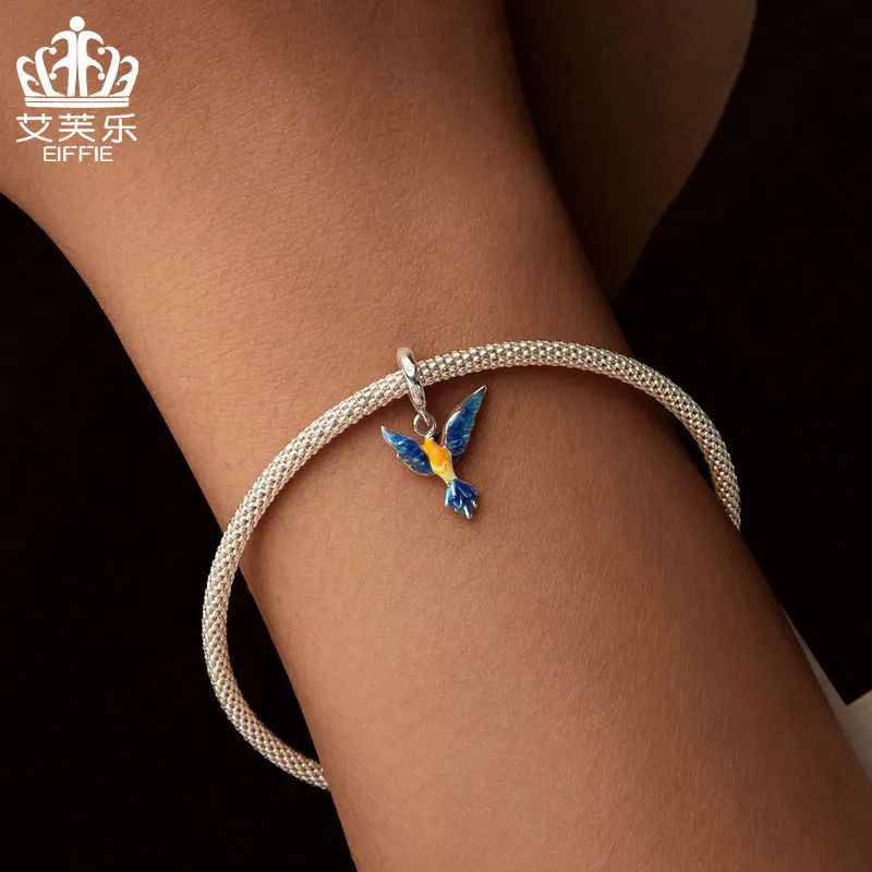 

Персонализированные ярко-голубые подвесные украшения в виде птицы S925, стерлинговое серебро, браслет «сделай сам», бусины, аксессуары, бусины с сертификатом