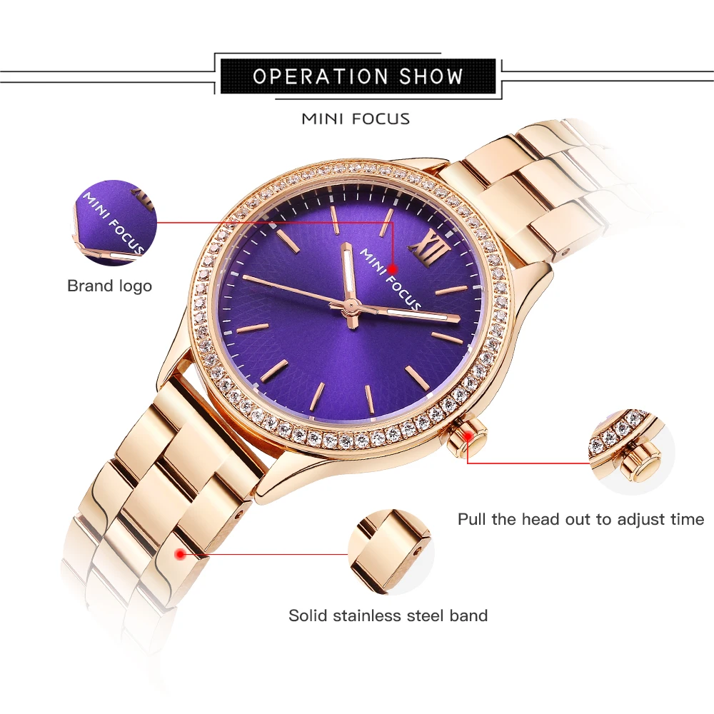 MINI FOCUS Japanese Movement Ladies Watch Stainless Steel Strap Elegant Fashion Female Clock Bracelet Wristwatch 0043L