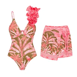 Fato de banho feminino com gola V, flor 3D, roupa de banho com saia, moda praia, monokini, moda praia, novo, 2024