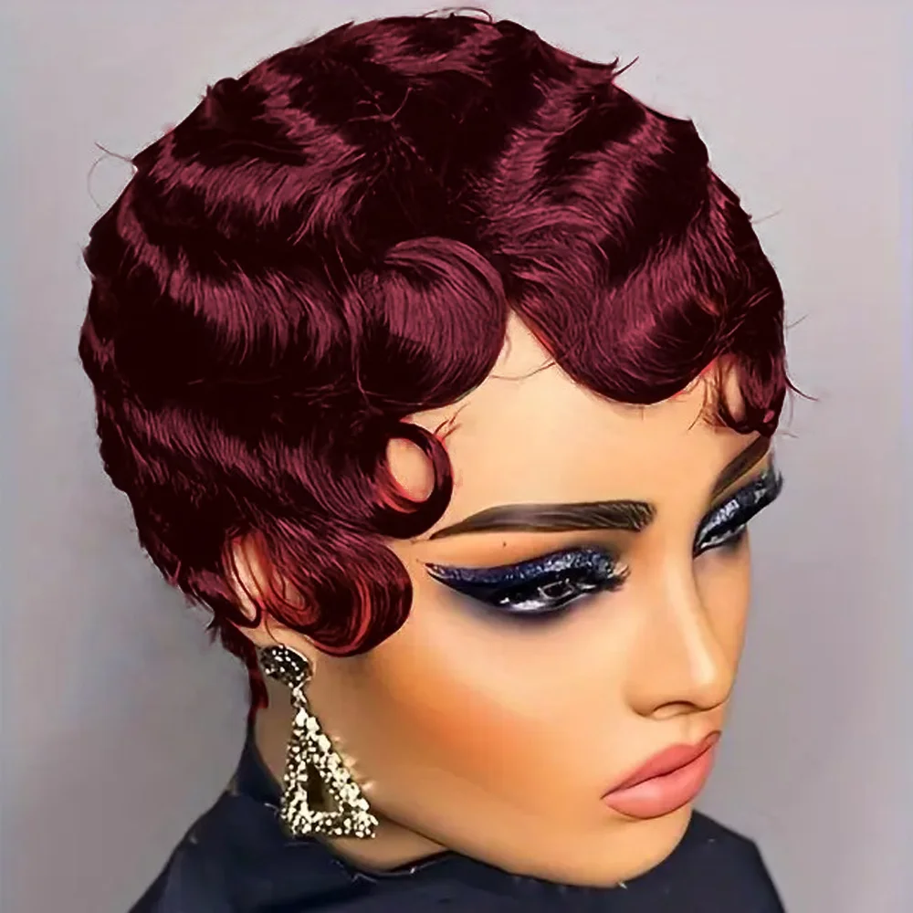 Burgundy 99J Pixie Cut Wig Human Hair Short Finger Wavy Wig Curly Black Cute Wig Real African Black Wigs for Women Mommy Wig