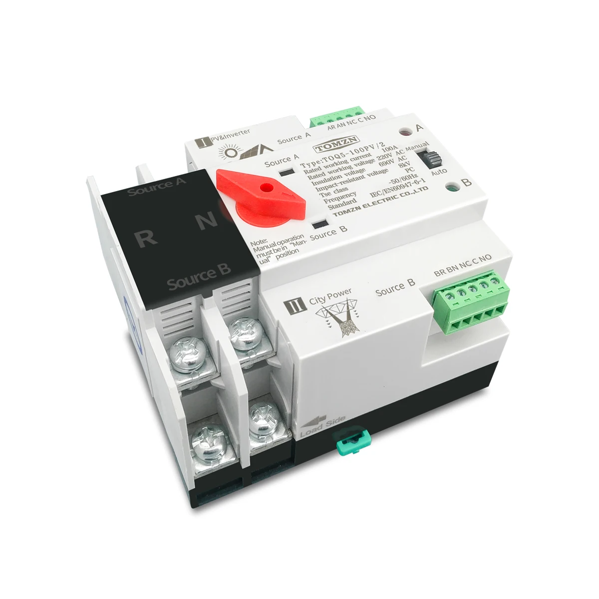 TOMZN Single Phase Din Rail ATS for PV inverter Dual Power Automatic Transfer Selector Switches Uninterrupted 2P 63A 100A 125A