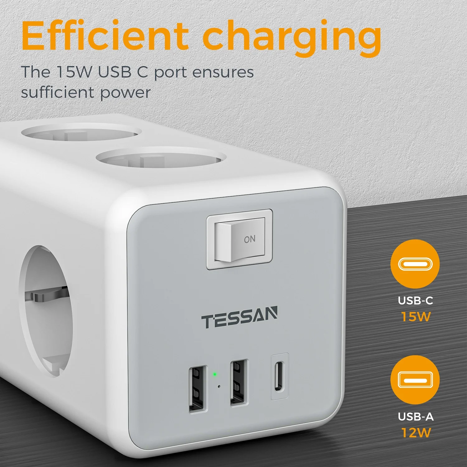 TESSAN Multiple Socket Power Strip with 6 Outlets 2 USB Ports 1 Type C Wall Mountable Cube Socket with Switch 2M Extension Cord