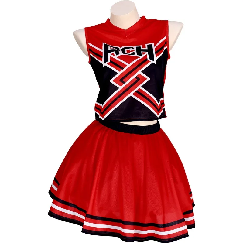 Womens Moive Cosplay Cheerleader Costumes Red Top Skirt Full Set   Cheer Team Uniform Adult Halloween Carnival Party Clothes