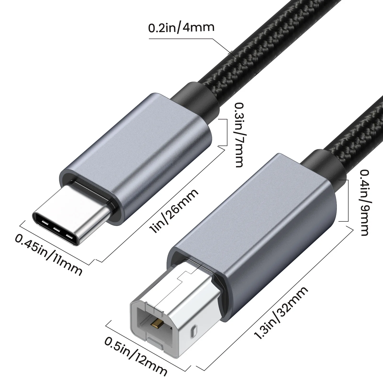 USB C to USB B 2.0 Printer Cable Gray Braided Type C Scanner Cord for MacBook Pro HP Canon Brother Epson Dell Samsung Pro