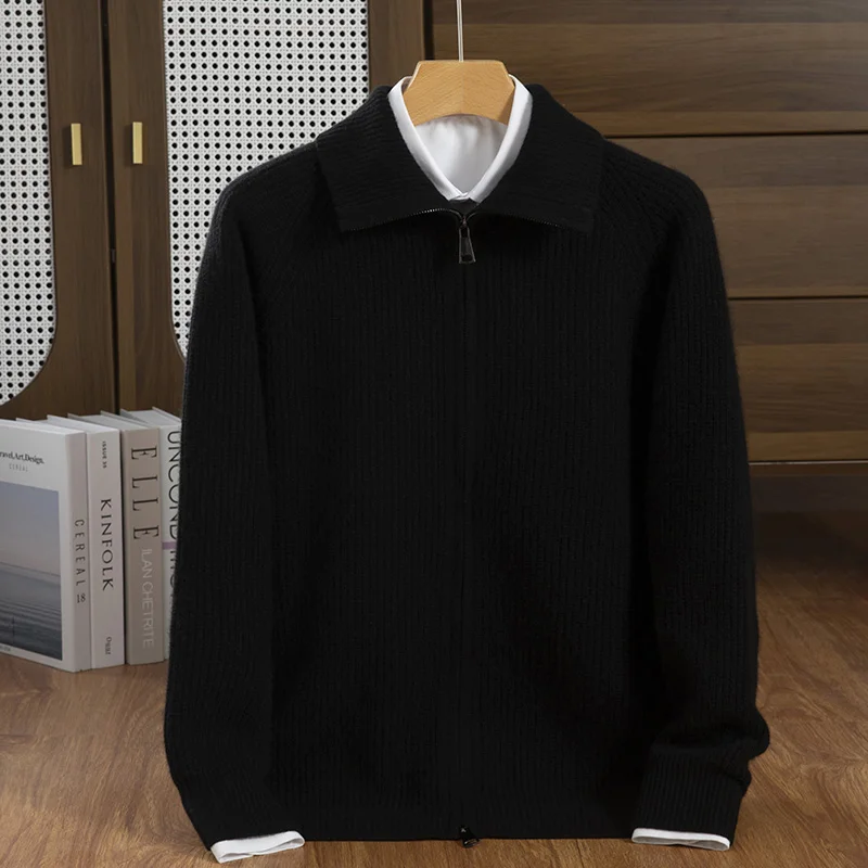 남성용 100% 캐시미어 스웨터, 잉곳 바늘, 7 개의 바늘, 두꺼운 지퍼 칼라, 다목적 스타일, 가을 및 겨울 신상