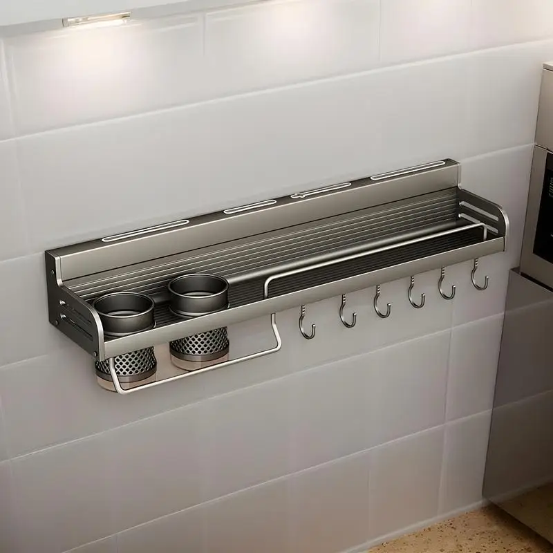 

Kitchen Wall Rack Organizer Wall Mounted Storage Racks Tableware Shelf With Hooks Seasoning Jar Storage No Drilling