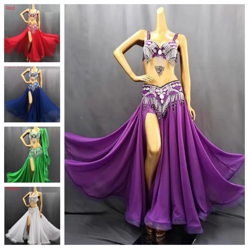 customized long veil dress Indian dancer 3piece set pearl diamond bra long skirt belly dance wear performance sequin costumes