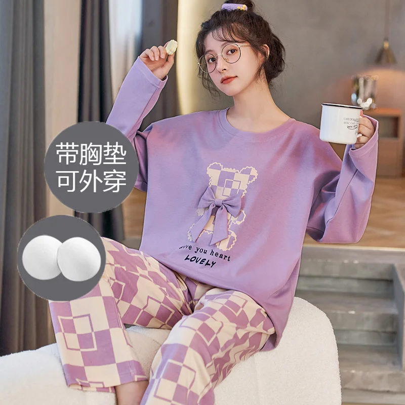 Big Size M-3XL Women Pajamas Set Spring and Autumn Knited Cottton Long Sleeve Pyjamas Female Cute Cartoon Pijamas