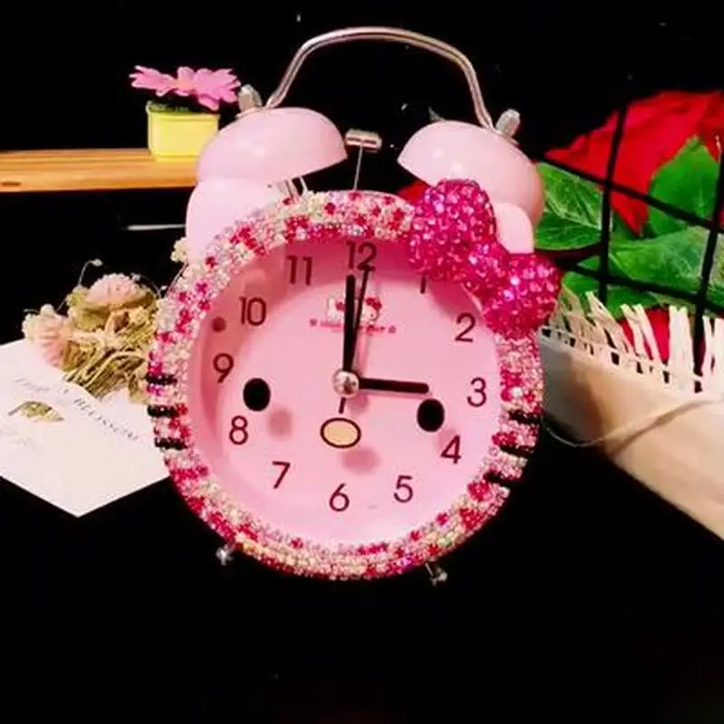 Sanrio Hello Kitty Cartoon Night Light Stick Drill Alarm Clock Mute Simple Student Wake-up Bell Anime Clock Bedside Ornament