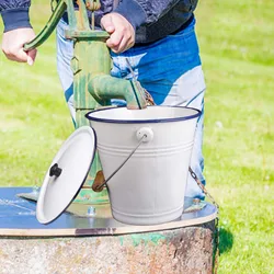 Enamel Bucket with Wood Handle Multiuse with Lid Pails for Garden Party Favors Water Oil Rice Outdoor Activities Organizing