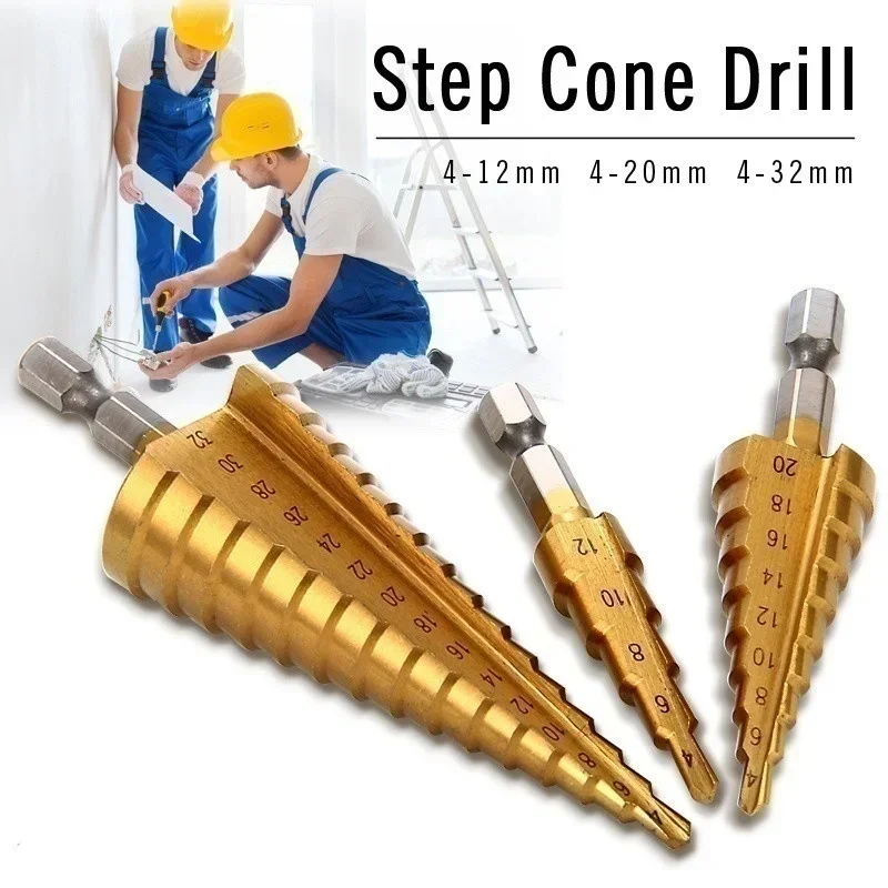 4-12/20/32mm HSS Steel Large Step Cone Titanium Coated Metal Drill Bit Cut Tool Set Hole Cutter (1Pcs Gold)