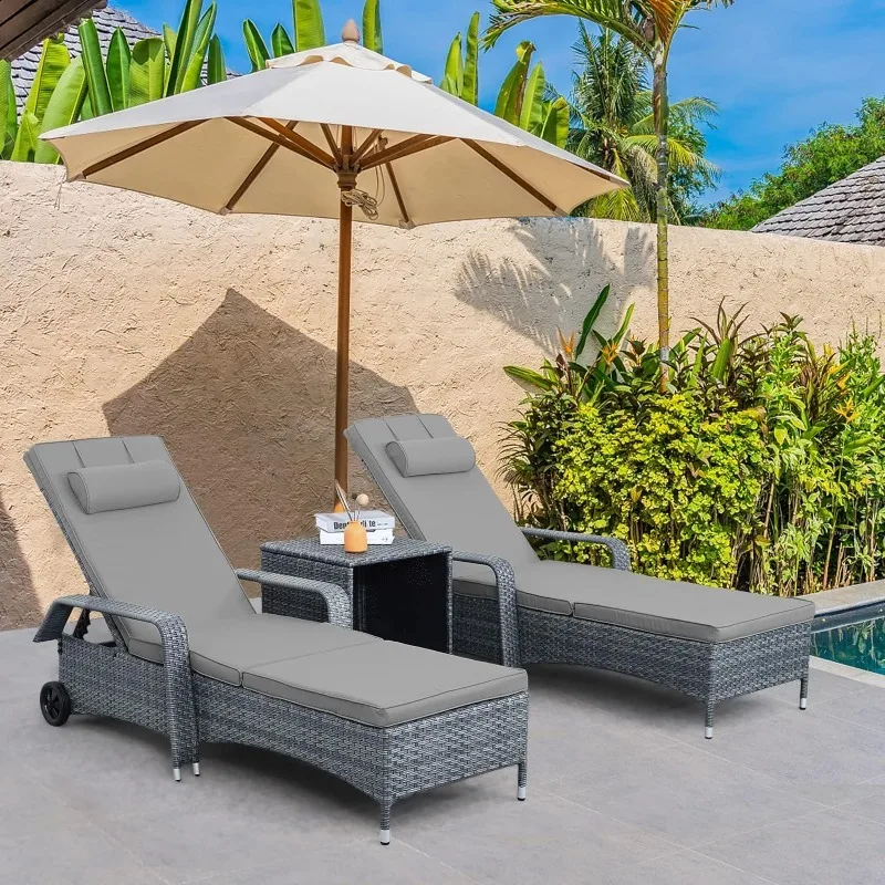 

Patio Rattan Lounge with Rolling Wheels Adjustable Reclining Backrest 3-Piece with Storage Side Table & Washable Gray Cushions