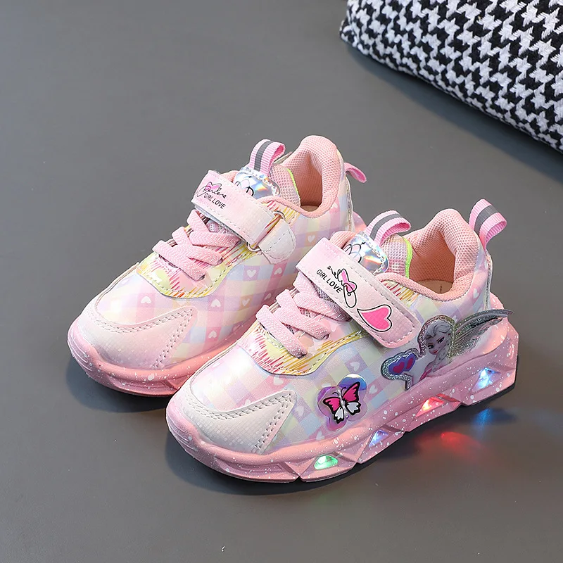 Disney Girls' Casual Shoes Led Light Shoe Leather Fashionable Children's Sports Frozen Princess Elsa Pink Purple Shoes Sneakers