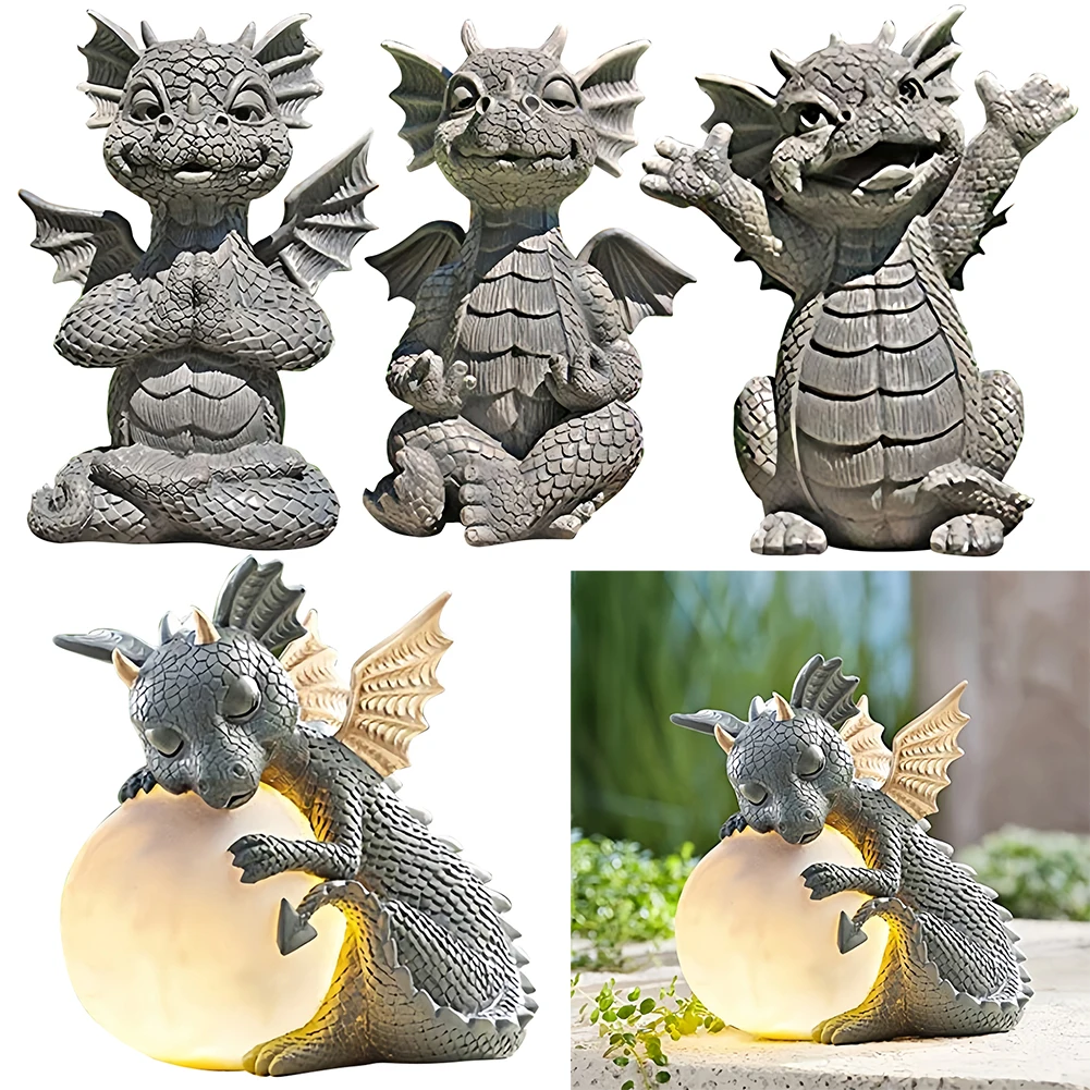 

Garden Dragon Statue Happy Dinosaur Cheering You Resin Figurine Outdoor Spring Decorations Meditation Dragon Figurine with Lamp