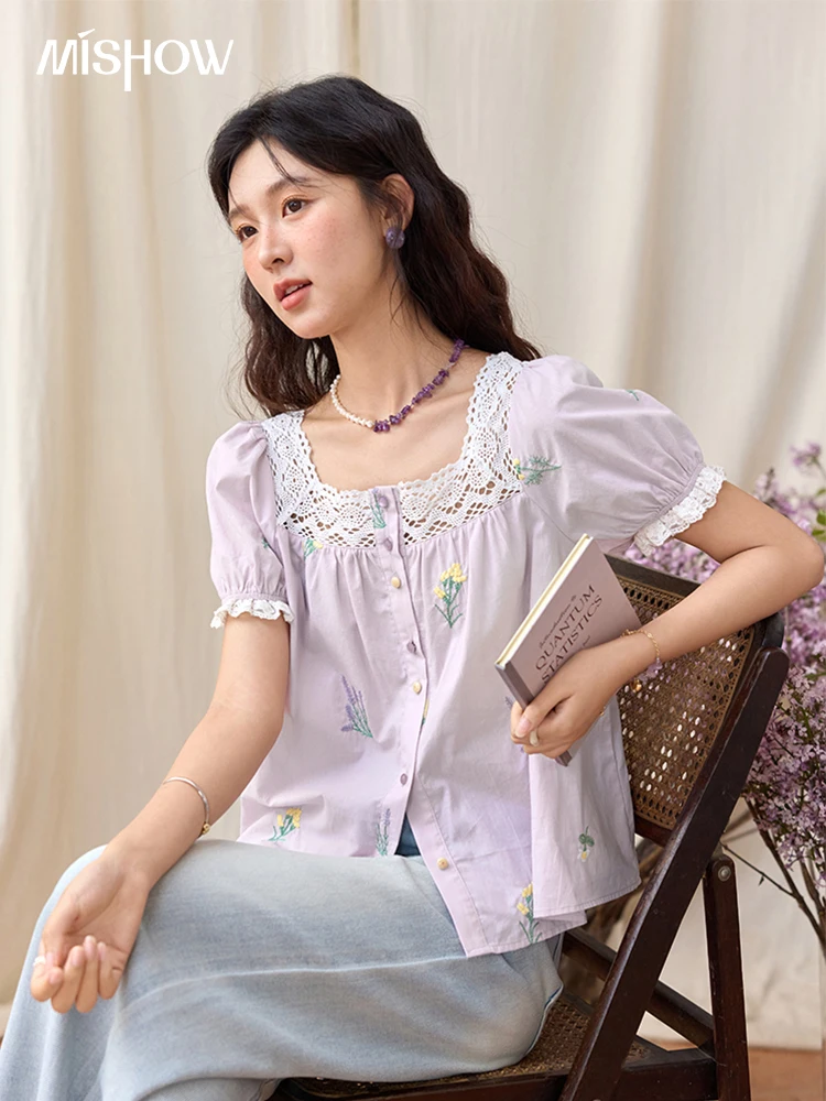 

MISHOW Women's Lace Patchwork Embroidered Blouses 2025 Summer Korean Elegant Square Collar Blouse Short Sleeved Tops MXE36X1830