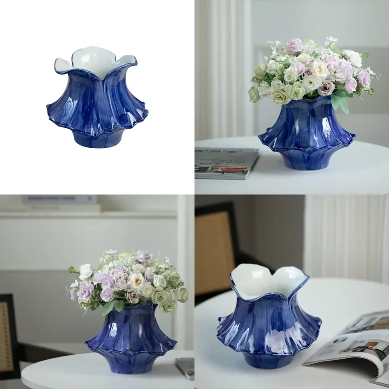 Modern Blue Ceramic Vase for Living Room Entrance Flower Arrangement Decorative Ornament Simple Style Home Decoration