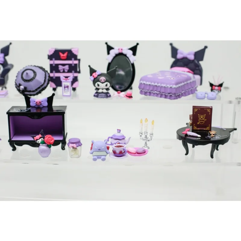 Re-ment 8 szt./zestaw Sanrio Kuromi Gotycki Pokój Fioletowa Miniaturowa Scena Niespodzianka Figurki Anime Lalki Prezenty Zabawki Kolekcjonerskie Ozdoby