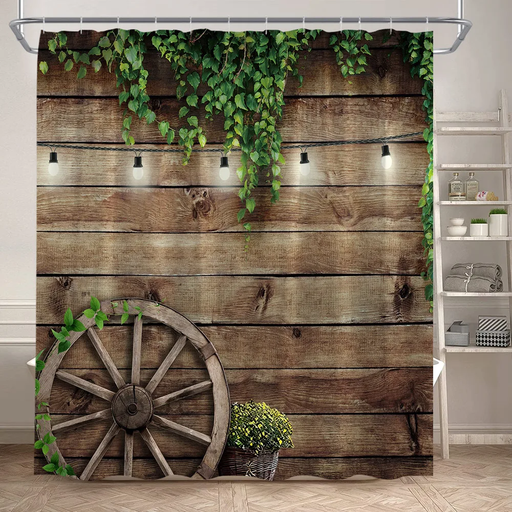 Vintage Farm Barn Wooden Door Shower Curtains Retro Texas Star Brown White Wood Board Bath Curtain Set Polyester Bathroom Decor