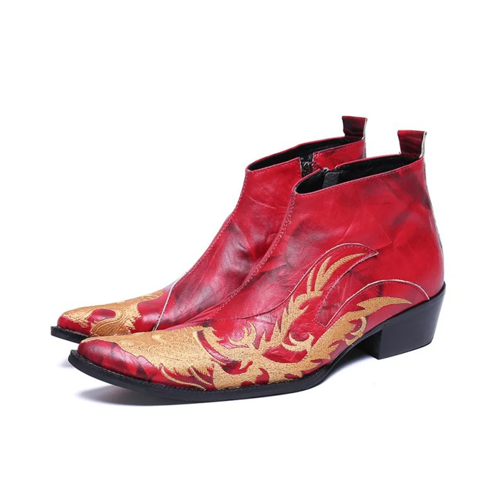 

Red Printing Zipper Genuine Leather High Heels Pointed Toe Boots Male Plus Size Fashion Party Wedding British Style Dress Shoes