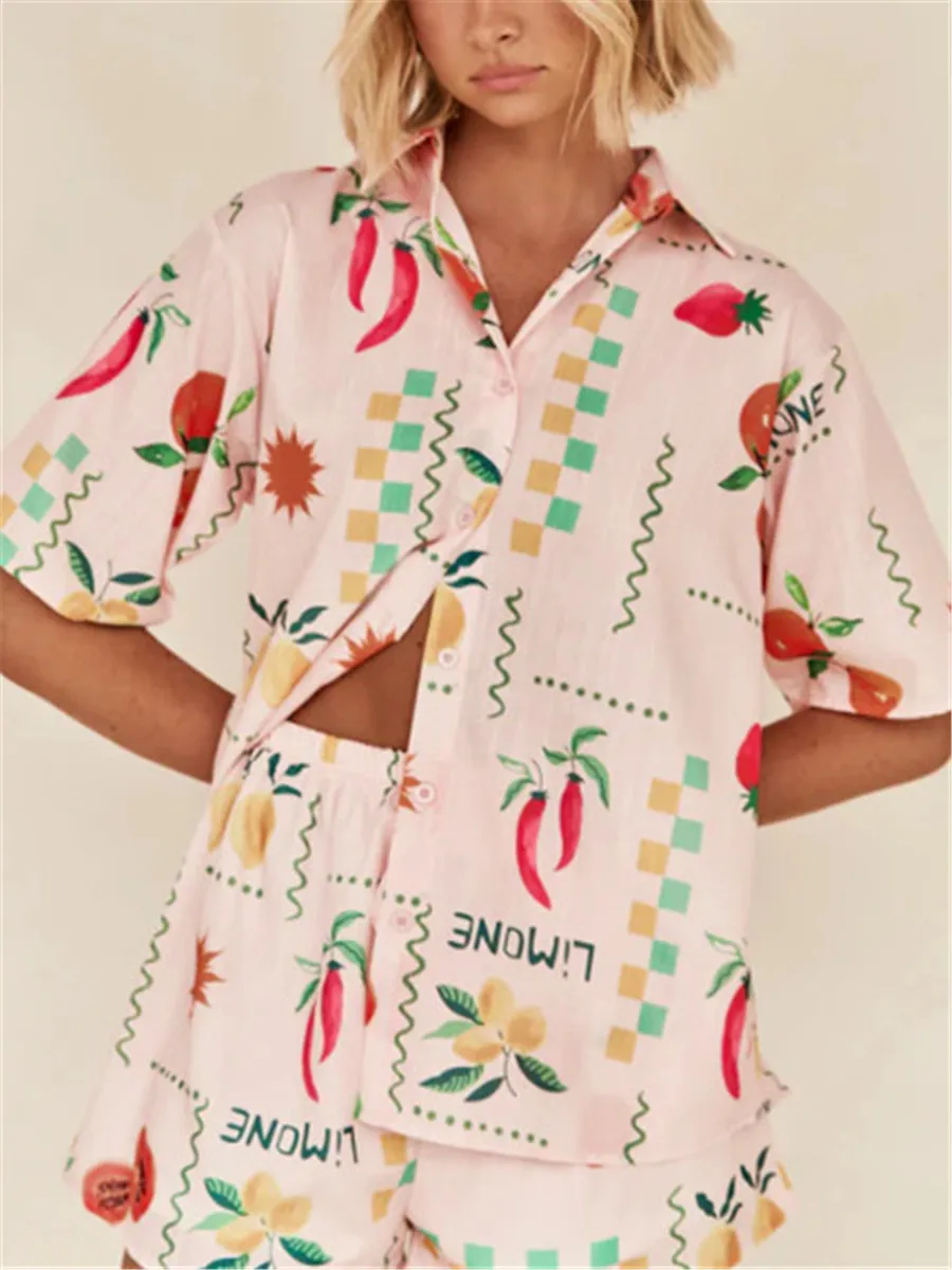 Women 2 Pieces Short Sets Summer Fruits Vegetable Prints Lapel Buttons Short Sleeve Tops +Shorts Pajamas Casual Comfy Loungewear