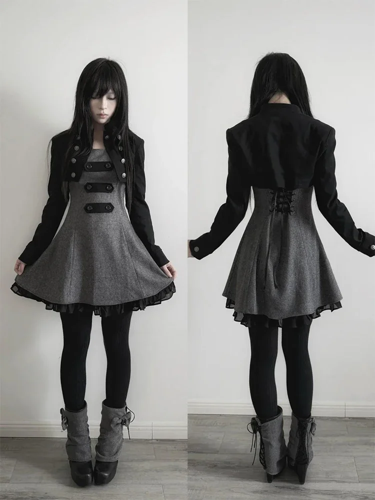 Gothic Punk Y2K Stehkragen Dunkle Ästhetik Doppelreihige Twill Damen Cropped Jacke Trendige Slim Fit Kurze Strickjacke Oberteil Mantel