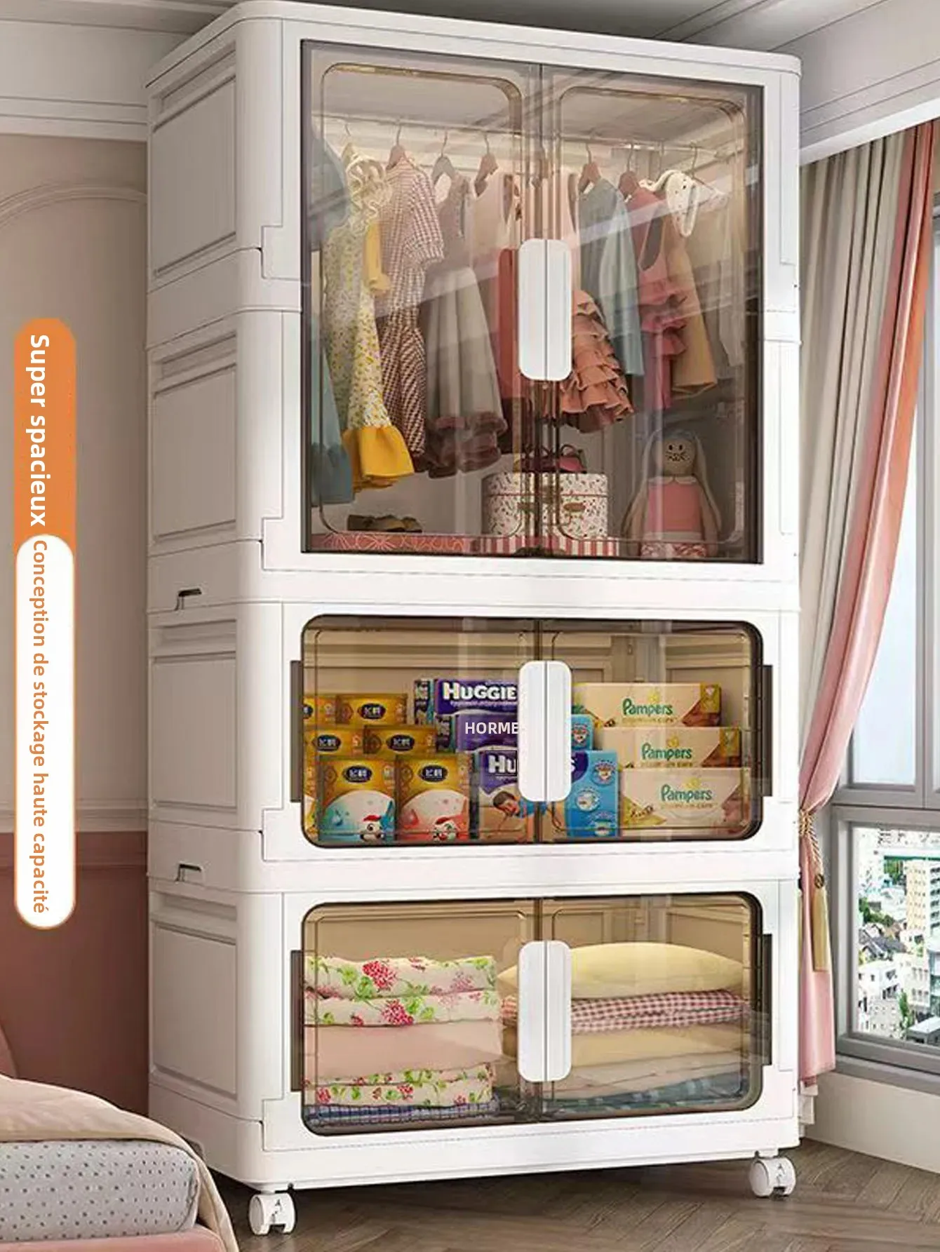 Armoire de rangement pliable, organisateur de placard multi-scènes pour la maison, le bureau, la cuisine, la salle de bain, gain de place avec portes